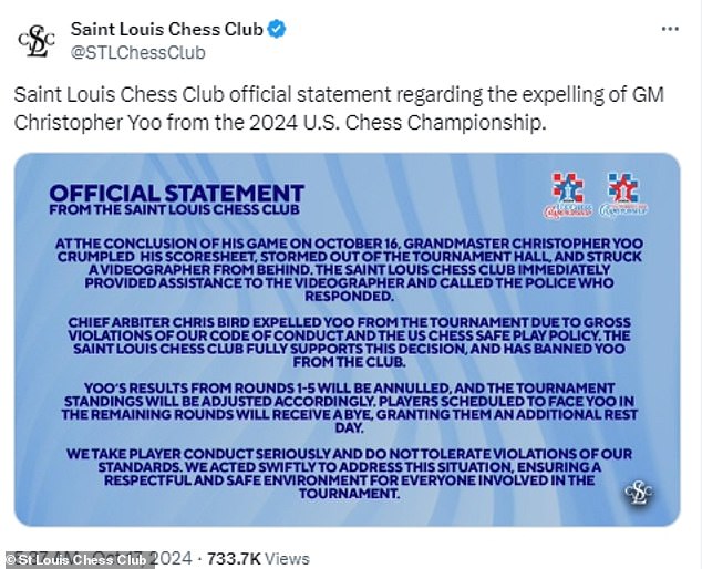 The St Louis Chess Club has since issued a statement regarding the incident, stating that Yoo had been expelled from the event.