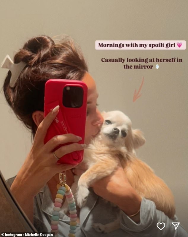 The Fool Me Once star also shared a sweet photo with her chihuahua Pip, writing: 'Mornings with my spoiled girl. Casually looking in the mirror'