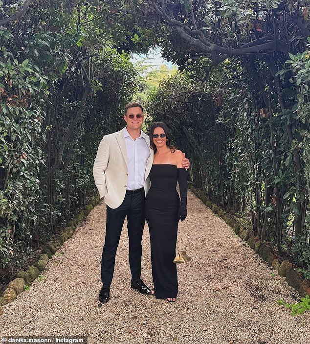 The festivities began with an opulent welcome dinner, where both Sam and Lucy wowed by coordinating black outfits that matched their guests. In the photo: Danika and Liam.