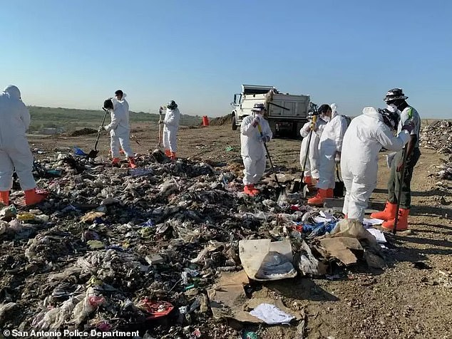 Bexar County sheriff's deputies were seen wearing protective suits and bright orange boots while digging at the waste disposal site near San Antonio.