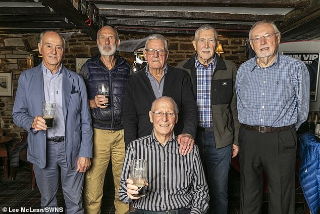 Drinkers have stuck to their weekly chat date for more than half a century: Pictured: Bill Mundon, 78, Paul Haines, 79, Dick Cotton, 81, Brian Ayres, 83, and Peter Thilrwall (seated), 78.