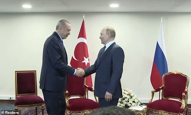 After almost a minute, Erdoğan appeared and Putin, with an exasperated expression, shook his hand.