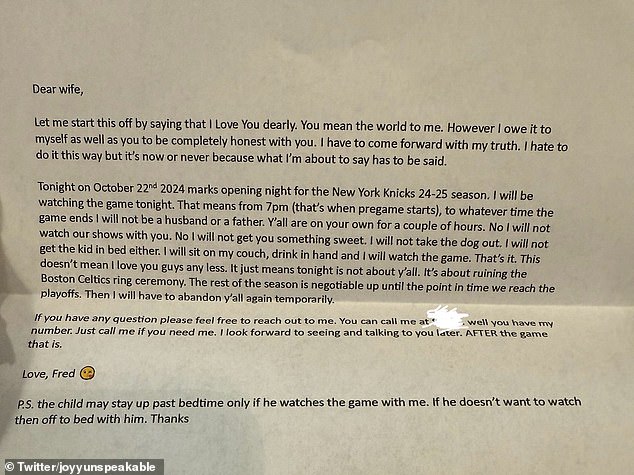 While many would assume that Fred was about to deliver heartbreaking news to his former wife, it turns out that the letter was actually a tongue-in-cheek joke.