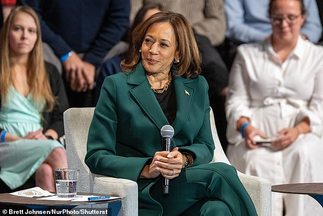 AP noted that 'Trump's comments ignored' that Kamala Harris spent all day in meetings in Washington, 'recording interviews with Telemundo and NBC.' (Pictured: Harris during a moderated conversation with former U.S. Rep. Liz Cheney on Monday)