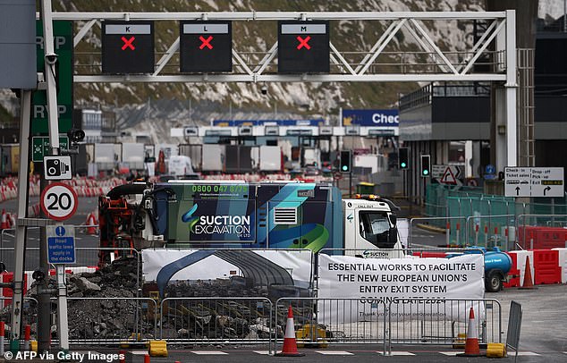 A sign alerts travelers arriving at the Port of Dover of works underway to facilitate the new and much-delayed European Union Entry and Exit System