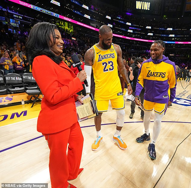 TNT's Taylor Rooks laughs with LeBron and Bronny James after the rookie's NBA debut