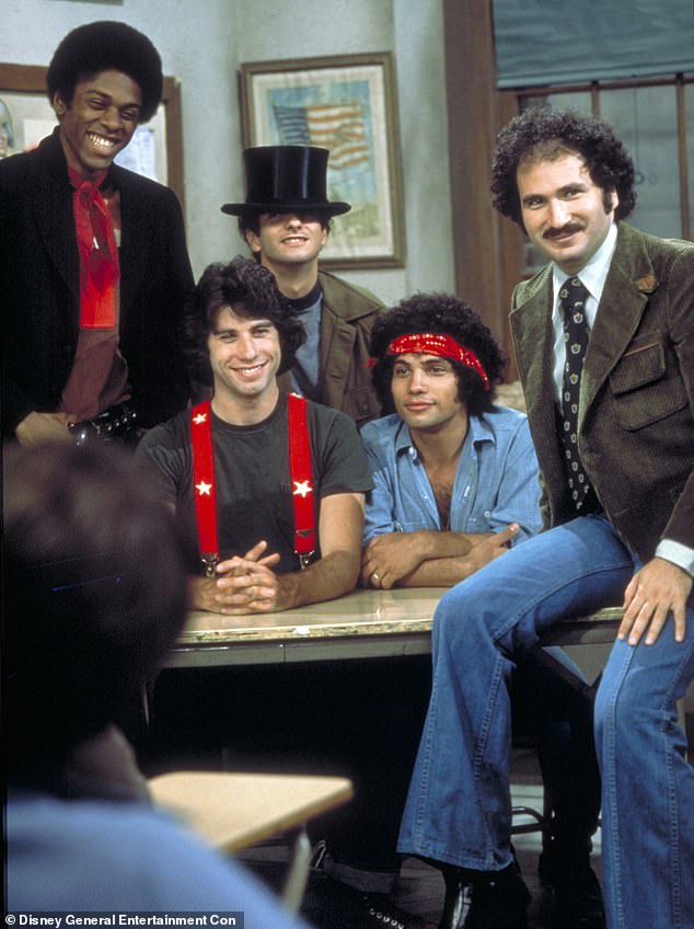 He based the hit comedy on the lives of his Brooklyn high school friends and the stand-up routine of Kaplan, who played Mr. Kotter; Pictured left to right: Lawrence-Hilton Jacobs, John Travolta, Ron Palillo, Robert Hegyes, Gabe Kaplan in a 1975 television still.