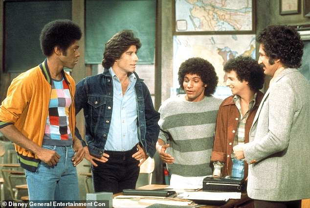 ; Pictured left to right: Lawrence-Hilton Jacobs, John Travolta, Robert Hegyes, Ron Palillo, Gabe Kaplan in a 1976 television still.