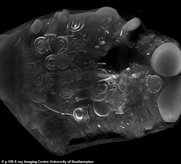 A frame of the CT scan prior to the Peebles Hoard excavation