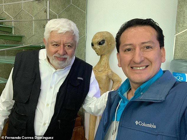 Prolific UFO researcher and broadcaster Jaime Maussan (left) was Correa's boss for decades at the paranormal-focused television news magazine 'Tercer Milenio'. Above, Correa (right) and Maussan pose next to a statue of a 