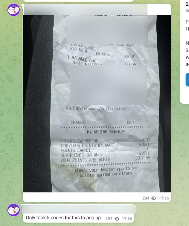 Criminals are posting Sainsbury's receipts revealing a customer's Nectar points balance.