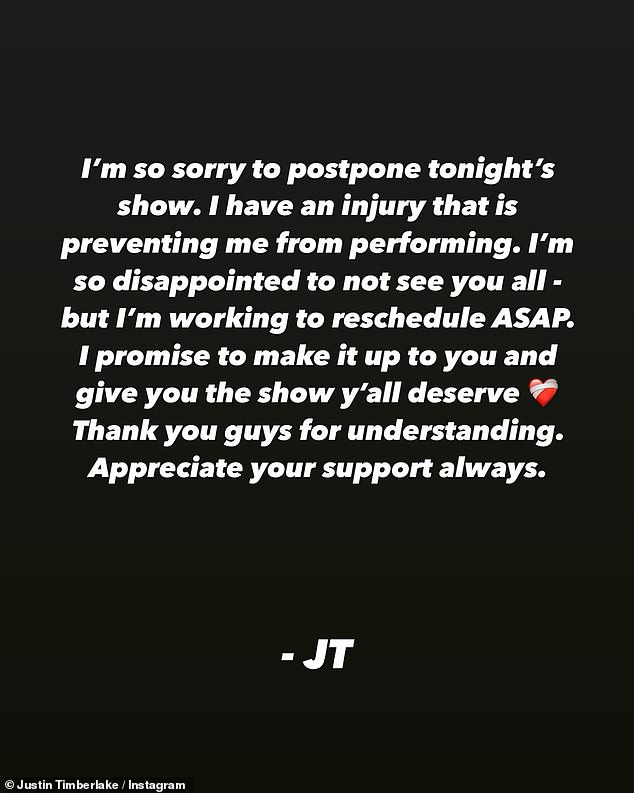 It's not the first time Timberlake has been forced to postpone shows on his current tour, having recently canceled a show in Newark, New Jersey due to an injury.