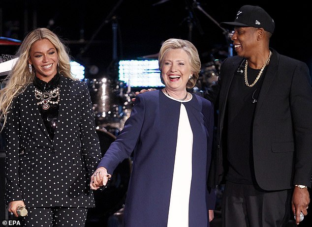 Beyoncé (left) during her only appearance in the 2016 campaign in support of Democratic candidate Hillary Clinton. She and her husband Jay Z (right) performed a concert in support of Clinton in Cleveland just days before the election.