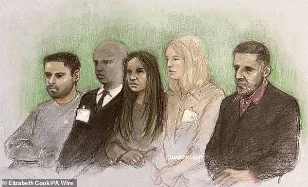 This artist's drawing of the Old Bailey court by Elizabeth Cook shows Sarah Sharif's father Urfan Sharif (right) and her uncle Faisal Malik (left), as well as her stepmother Beinash Batool (centre).