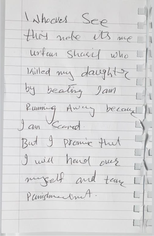 Urfan Sharif allegedly left distressing handwritten notes which appear to show him confessing to the murder before fleeing Britain.