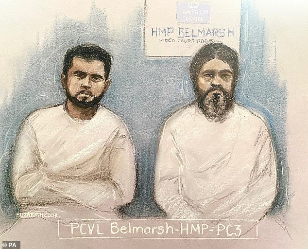 A court artist sketch by Elizabeth Cook shows Sara Sharif's father Urfan Sharif (right) and her uncle Faisal Malik appearing via video link, from Belmarsh prison, last December.