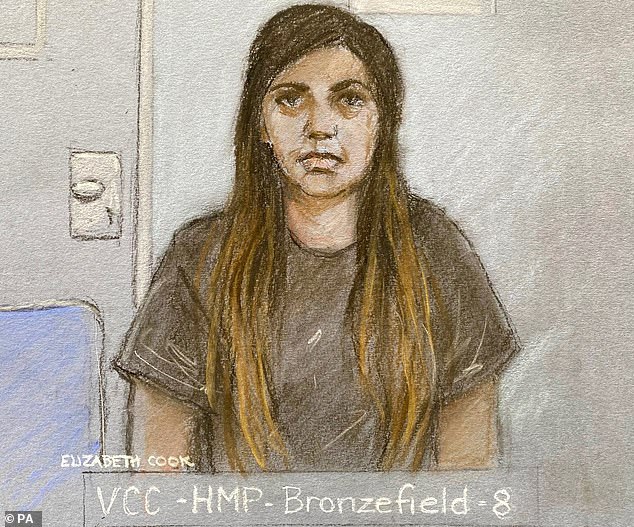 Court artist's sketch by Elizabeth Cook of Sara Sharif's stepmother, Beinash Batool, appearing via video link, from Bronzefield women's prison in Surrey, at the Old Bailey in September last year.