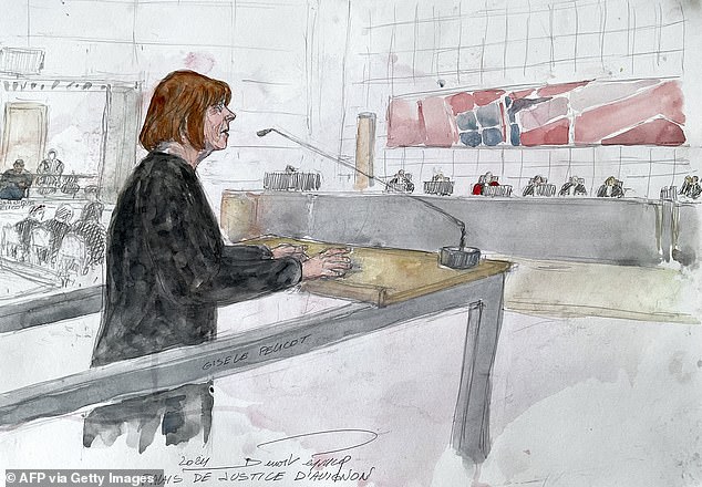 A judicial sketch of Mrs. Pelicot in the Avignon court, during the trial of her former partner accused of drugging her for almost ten years and inviting strangers to rape her at her home in Mazan.