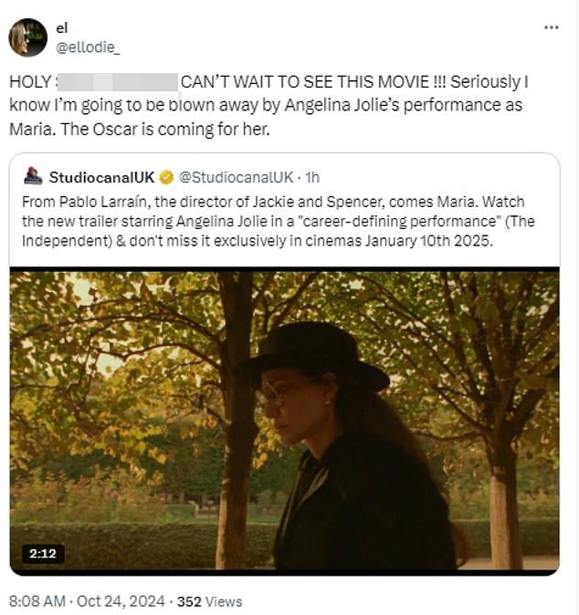 'Shit, I can't wait to see this movie!!! Seriously, I know I'll be surprised by Angelina Jolie's performance as Maria. The Oscar is coming for her,' predicted an X user