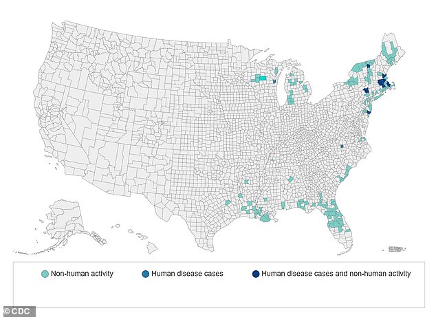 The map above shows the counties where EEE has been detected so far this year. Dark blue areas represent locations with human cases.