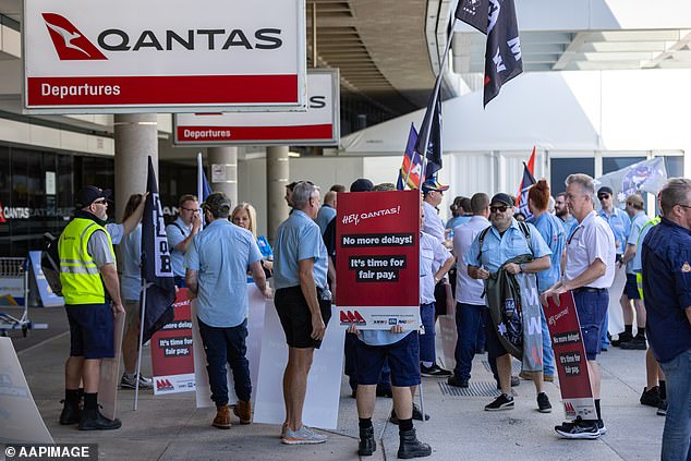 Qantas workers went on strike over wages in Melbourne and Brisbane on Wednesday (above)