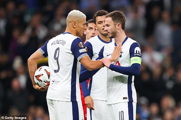 Richarlison managed to convince captain James Maddison (right) to allow him to take the penalty early in the second half.