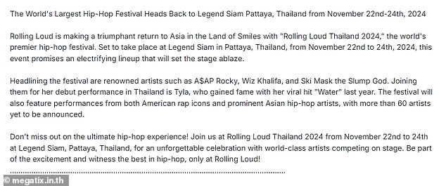 But Rolling Loud Thailand's press release and website make no mention of any partnership with any charity or non-profit organization for the festival, which costs fans between $270 and $425 for single-day passes and between $650 and $1,020 for three-day passes.