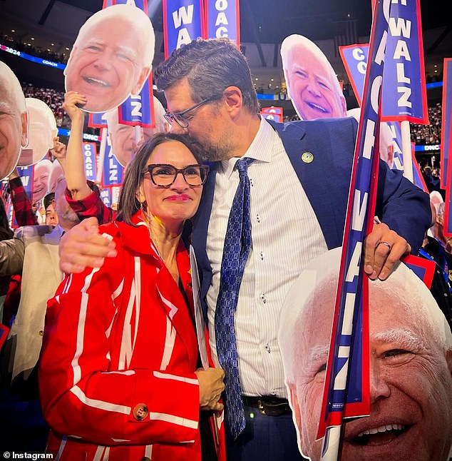 Flanagan (pictured with her husband) may become the state's first female governor if Tim Walz is elected vice president