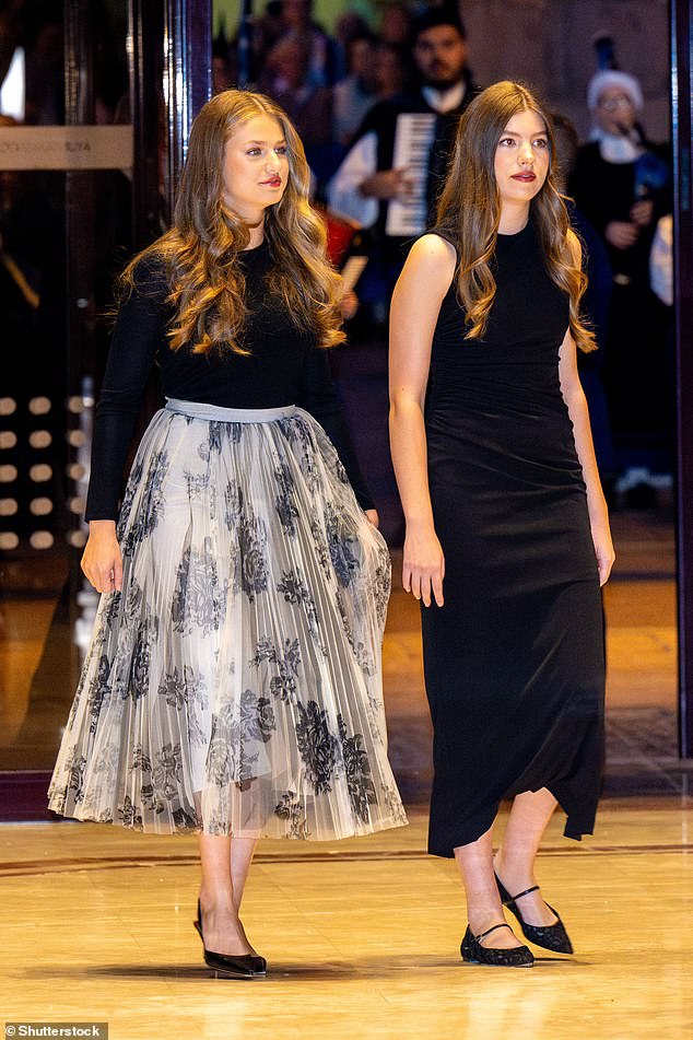 Leonor (left) paired her striking tulle skirt with a simple black top, while Sofía (right) opted for a black midi dress.