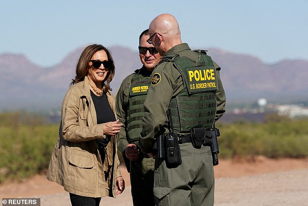 Democratic presidential candidate and US Vice President Kamala Harris tours the border wall with Border Patrol agents and other personnel (not pictured) near Tucson in Douglas, Arizona, United States, on September 27, 2024.