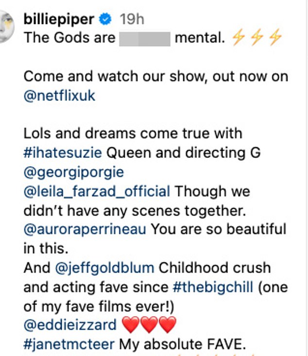 She captioned the post: 'The gods are fucking crazy. Come and watch our show, available now on @netflixuk'