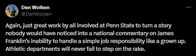 USA Today columnist Dan Wolken sarcastically congratulated Penn State.