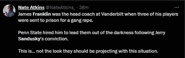 Many critics referenced Franklin's history with his previous work at Vanderbilt, where several of his players had been accused of rape.