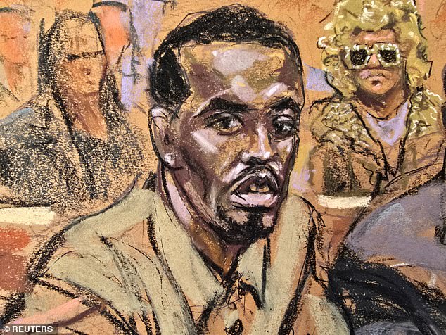 Artist's drawing of the courtroom by Sean Combs in the Manhattan federal courthouse. A trial has been scheduled for May 2025 for his criminal trial.