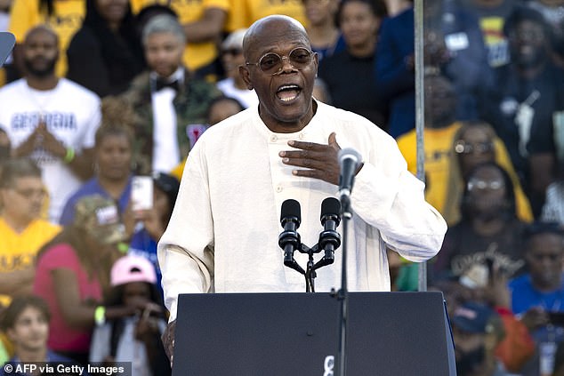 Samuel L. Jackson speaks to the crowd before Harris in Atlanta, Georgia