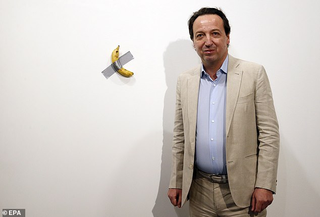 In the photo: Emmanuel Perrotin, founder of the Perrotin Gallery with the banana artwork in 2019.