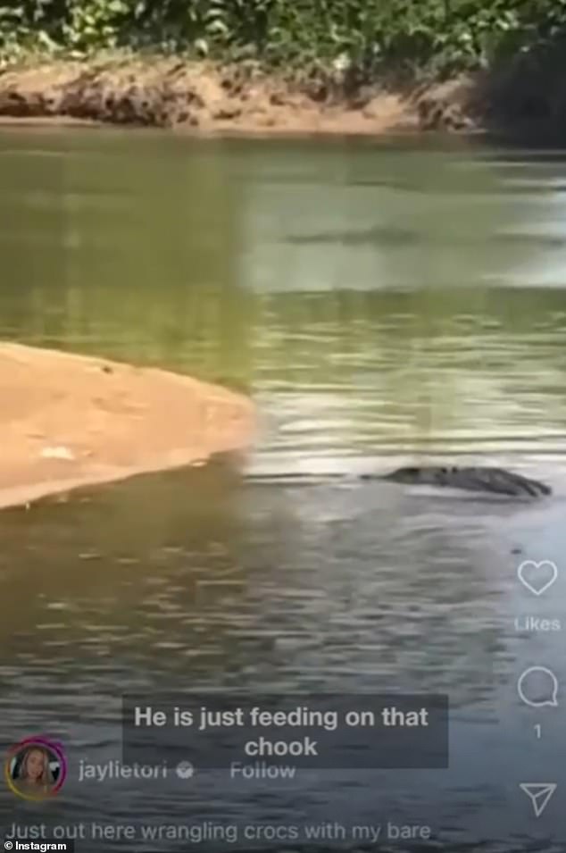 The 28-year-old filmed the brazen act on her phone (pictured), which showed the crocodile emerging from the water in the Russel River in northern Queensland.