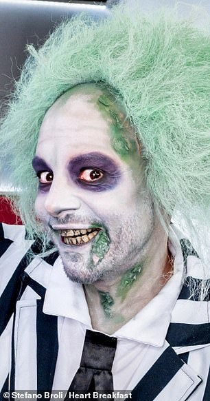 Jason played Beetlejuice himself in the iconic striped suit and a green wig.