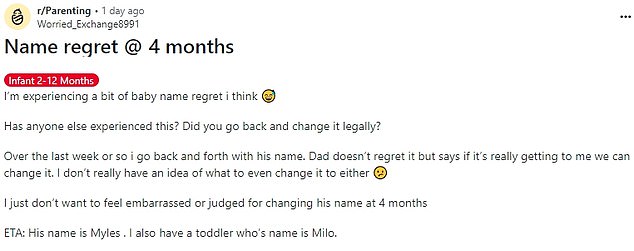 The anonymous mother of two took to Reddit to confess that she had questions about her son's name.