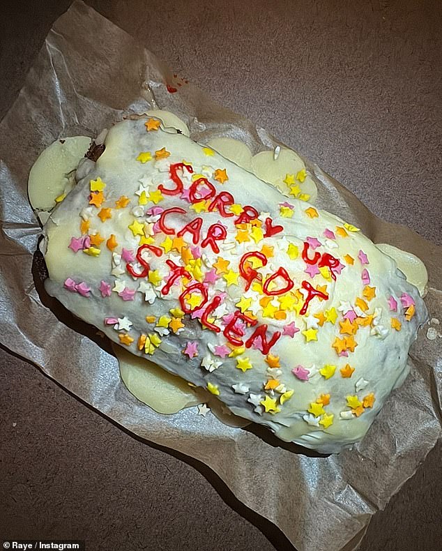 In the carousel of stunning photographs, one of the images showed a cake with sprinkles and red icing that spelled out the words: 