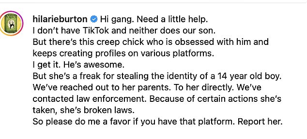 The One Tree Hill star, 42, posted a screenshot of the offensive TikTok profile @AugustusDeanMorgan on Instagram and explained what was happening in the caption.