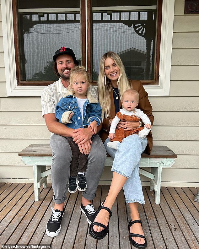 Elyse is about to welcome her third child with her fiancé Josh Barker. They are pictured with their three-year-old son Sunny and 19-month-old daughter Zali.