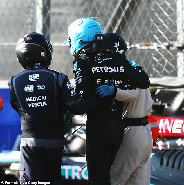 George Russell crashed into the barriers after losing control of his Mercedes during the second practice session