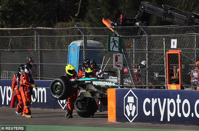 The British driver's Mercedes suffered significant damage during the collision, causing the third flag of the day.