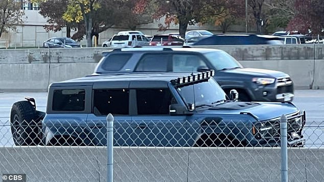 Police discovered the victims' abandoned Bronco (pictured), which suffered gunshot damage.