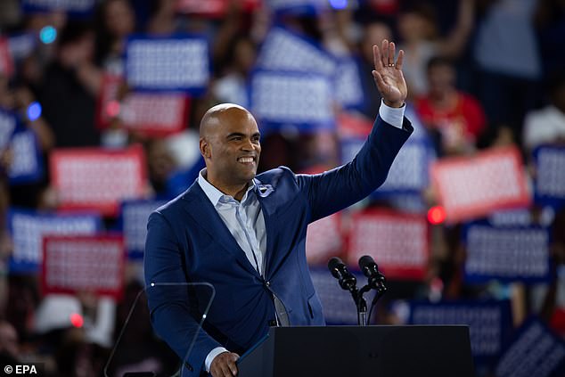 Democratic Texas Senate candidate Collin Allred waves to crowd at Harris rally in Houston