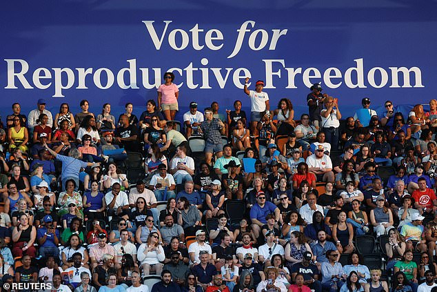 A giant sign at the Kamala Harris rally read 