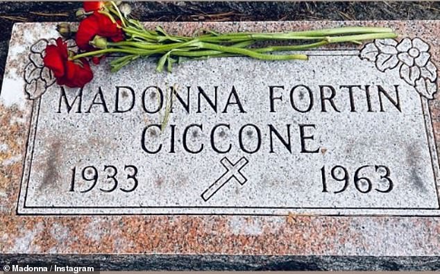 The singer left red roses and stopped by the grave of her mother, Madonna Fortin Ciccone.