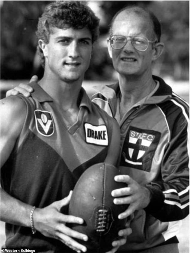 His son is Western Bulldogs premiership-winning coach Luke Beveridge (pictured left, in his playing days).