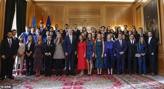 Pictured: (left to right, center) Princess Leonor of Spain, King Felipe VI, Queen Letizia and Infanta Sofía pose for a family photograph during an audience with students from the University of Oviedo.